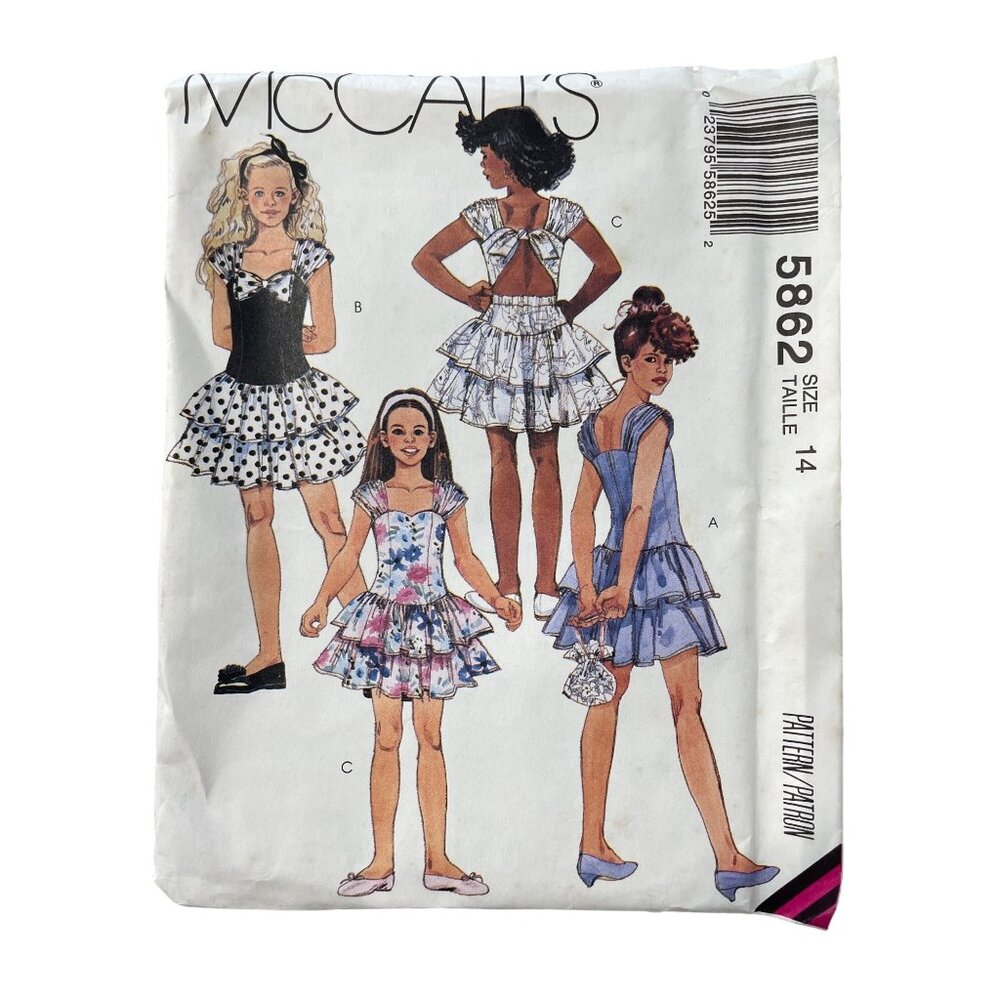 90s McCalls 5862 Girls Dress Sewing Pattern Size 14 Ruffled Multi View UNCUT